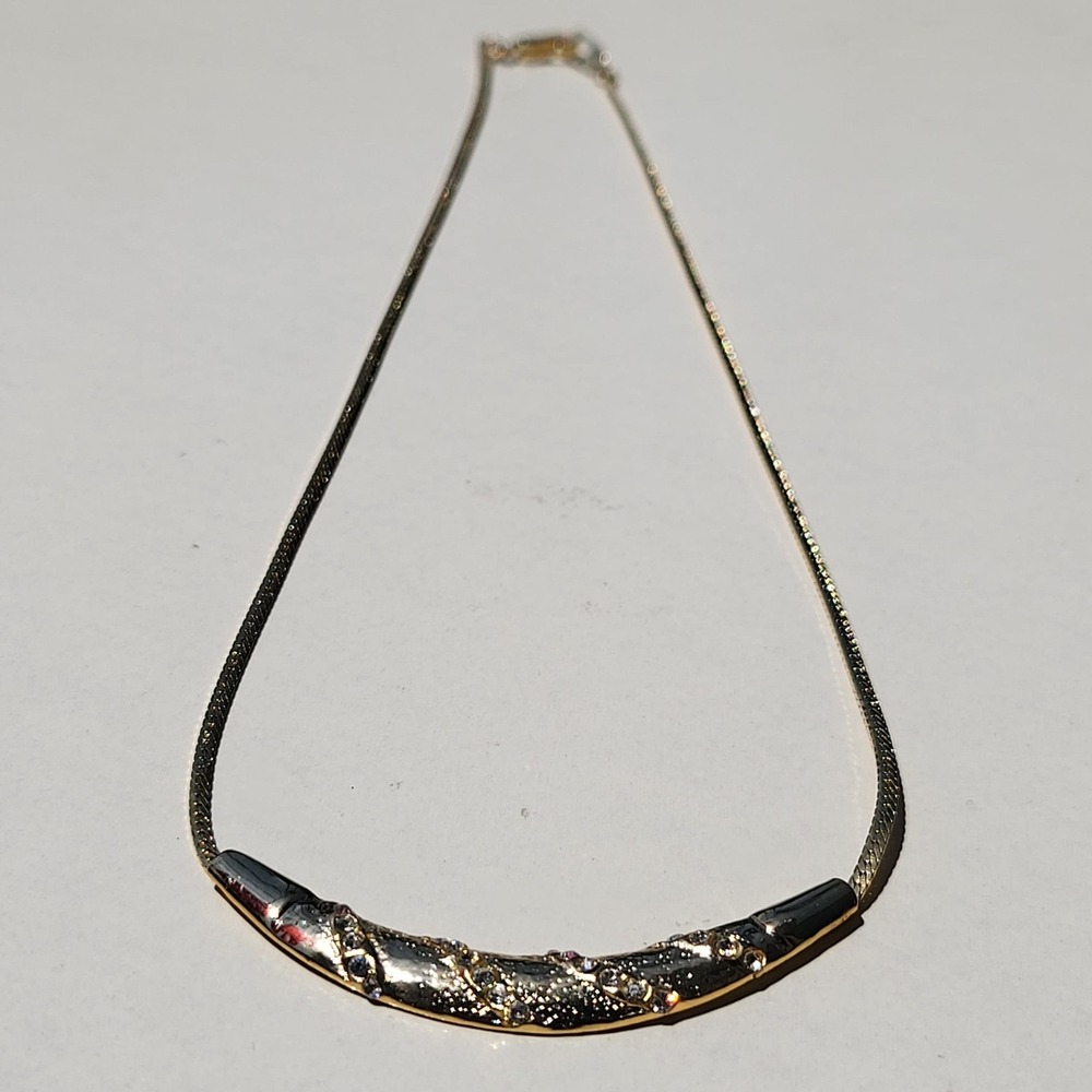 Vintage Collar Necklace Gold Rhinestone Textured Snake Chain Bib